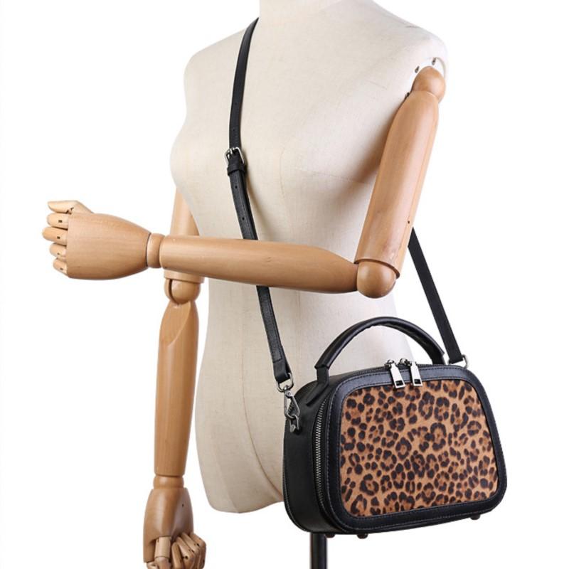 Johnature Fashion Leopard Pattern Women's Bag Genuine Leather Splice Horse Hair Handbag Versatile Shoulder Bags
