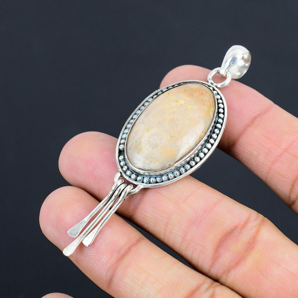 Womens Day Sale 925 Silver Root Chakra Fossil Coral Gemstone Mother Boho Pendant