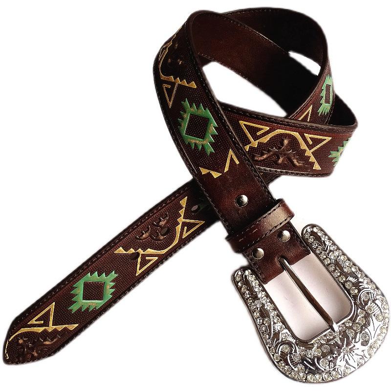 Leather Belt Navajo Totem Oil Paint Relief Shiny Niche Rhinestone Inlaid Removable Button Head