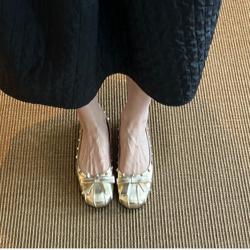 Woman Bowcropped Studded Ballet Slippers French Rivet Style Mary Jane Shoes For Summer Flats Women's Dancewear Loafers Mules