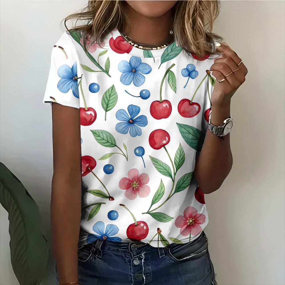 Fresh And Natural Cherry Blossom Art Women s T-shirt Casual Fashionable Loose And Comfortable White Short Sleeve S