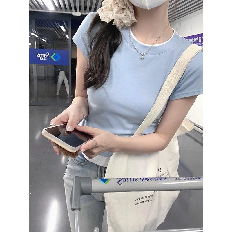 Summer Modal Black Slim-Fit Color-Block Pleated Two-Piece Look Top for Women