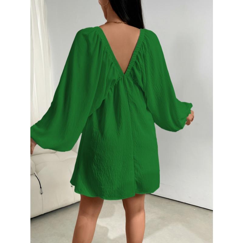 Elegant Fashion Deep V-neck Long Sleeved Women Dress Spring Summer Simple Casual Loose Sexy Solid Color A-line Party Dress Female Office Ladies