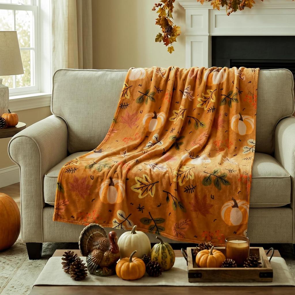 Autumn Pumpkin Maple Leaf Flannel Throw Blanket Orange Fall Harvest Botanical Soft Cozy Sofa Throw Blanket