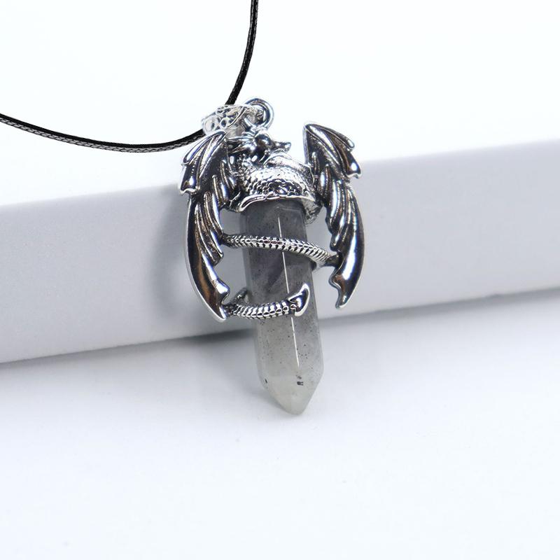Animal Dragon Man Necklace Natural Gem Stone Healing Pink Quartz Hexagonal Crystal Pendant Vintage Jewelry for Women Gift