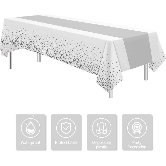 White and Silver Party Decorations Tablecloth, 3 Pack Disposable White Table Cover Printed Silver Table Runner for Birthday Baby Bridal Shower