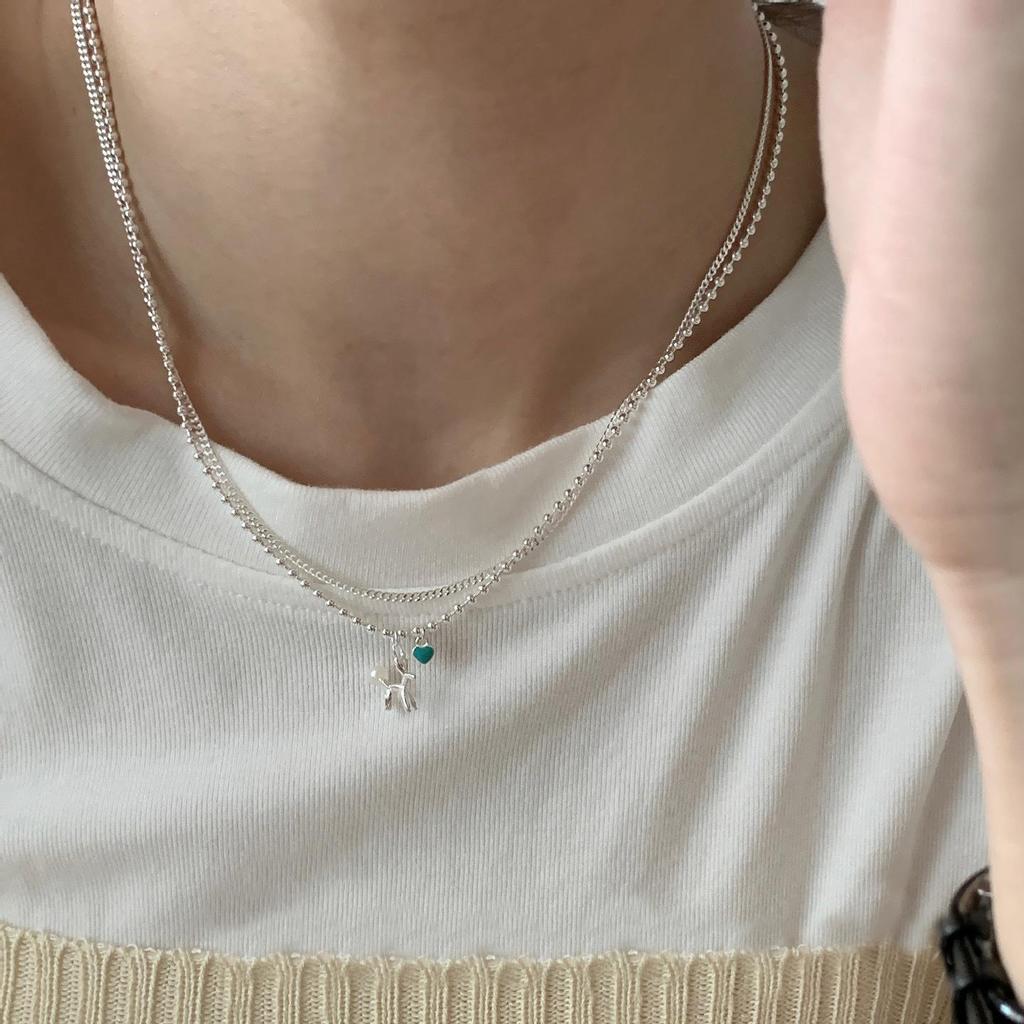 Halskette im koreanischen Stil aus S925 Sterlingsilber, doppellagig, mit Ballonhund und Epoxy-Herz - Minimalistisches Damen-Design