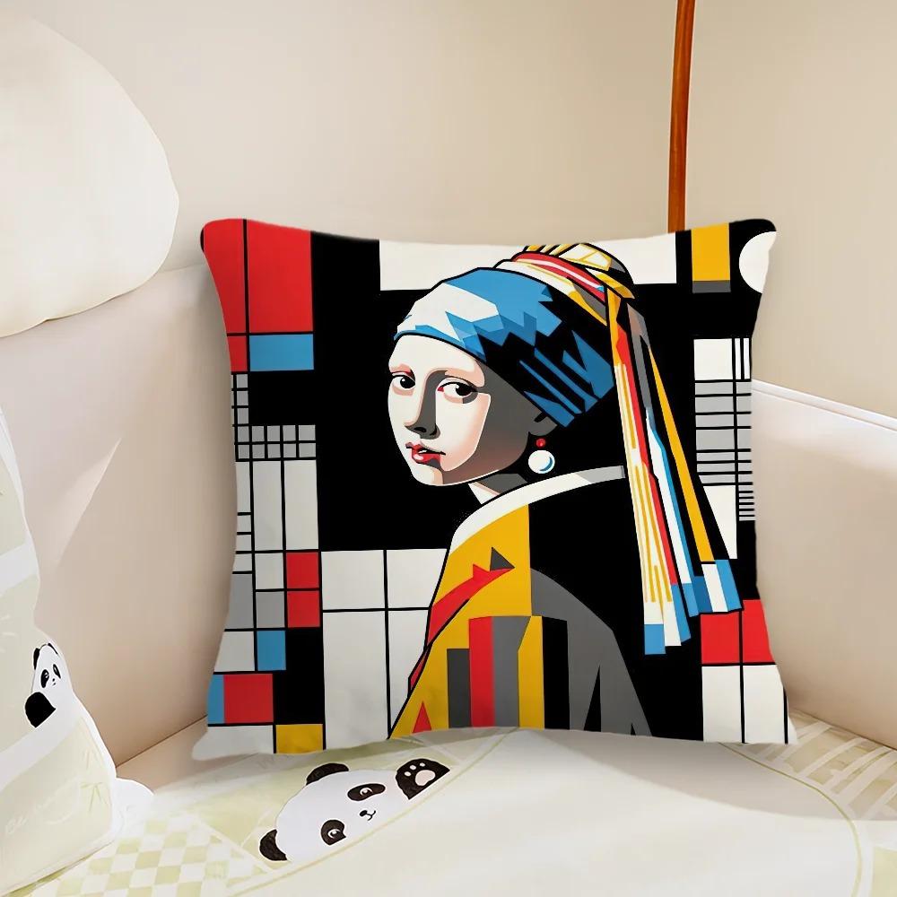 Abstract Geometric Art Cushion Cover Mondrian Color Block Peach Skin Pillowcase Modern Home Sofa Living Room Throw Pillow Decor