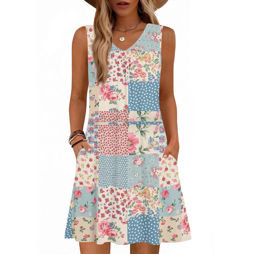 Women's Fashion Printed Summer Sleeveless V-neck Tank Top Pocket Casual Loose Dress