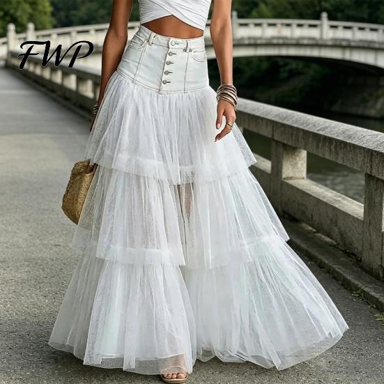 Long Skirt Women Skirt, High Waist Mesh Splicing Soft Breathable Patchwork Hip Covering Maxi Versatile for Party Beach Wedding Night Out Comfortable
