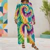 Women Plus Size Two Piece Set Round Neck Long Sleeve Printed Layered Top Wide Leg Cropped Pants