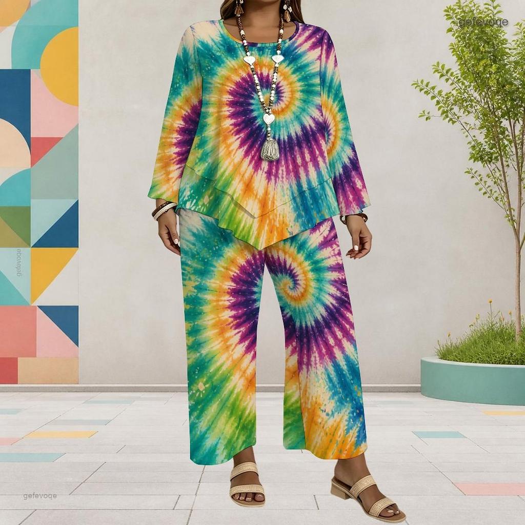 Women Plus Size Two Piece Set Round Neck Long Sleeve Printed Layered Top Wide Leg Cropped Pants