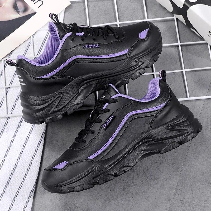 Women Shoes Casual Sport Platform Lady Sneaker Black Thick Sole Leather Big Size 42 Fashion High Quality Flats Walking Platform