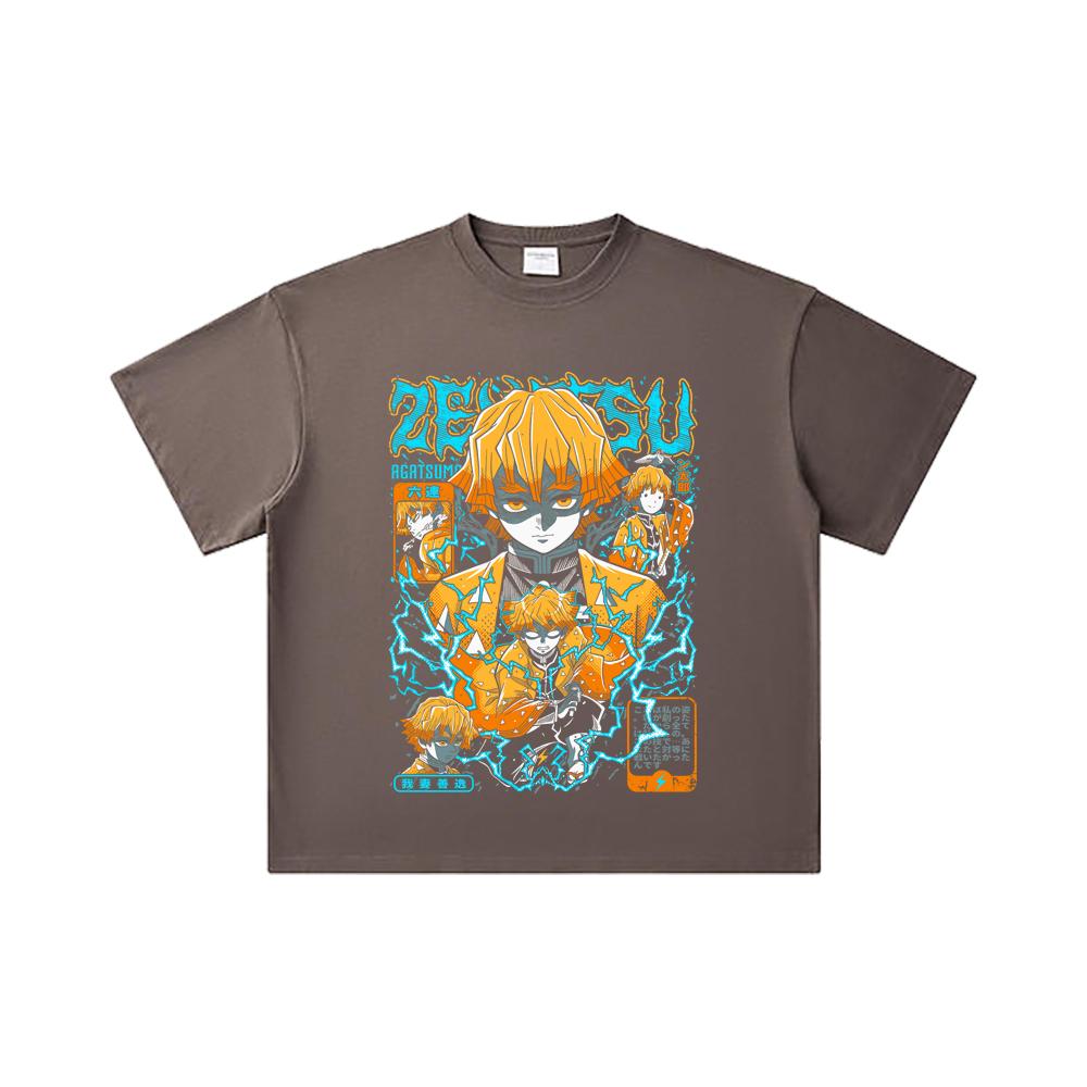260 GSM Double Yarn 32 Count 100% Cotton Demon Slayer V100 Zenitsu Print Unisex Heavy Cotton T Shirt