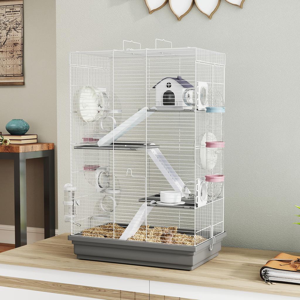 4-Tier, 16-Tube Hamster Cage with House, Ramp, and Accessories, Metal and Plastic, 47x30x70 cm, Grey