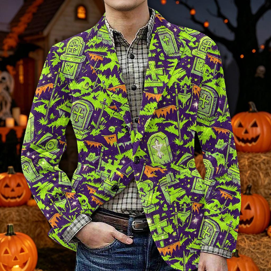 Men's Corduroy Blazer Jacket with Pockets Halloween Themed Print Warm Casual Suit Coat Cardigan for Men