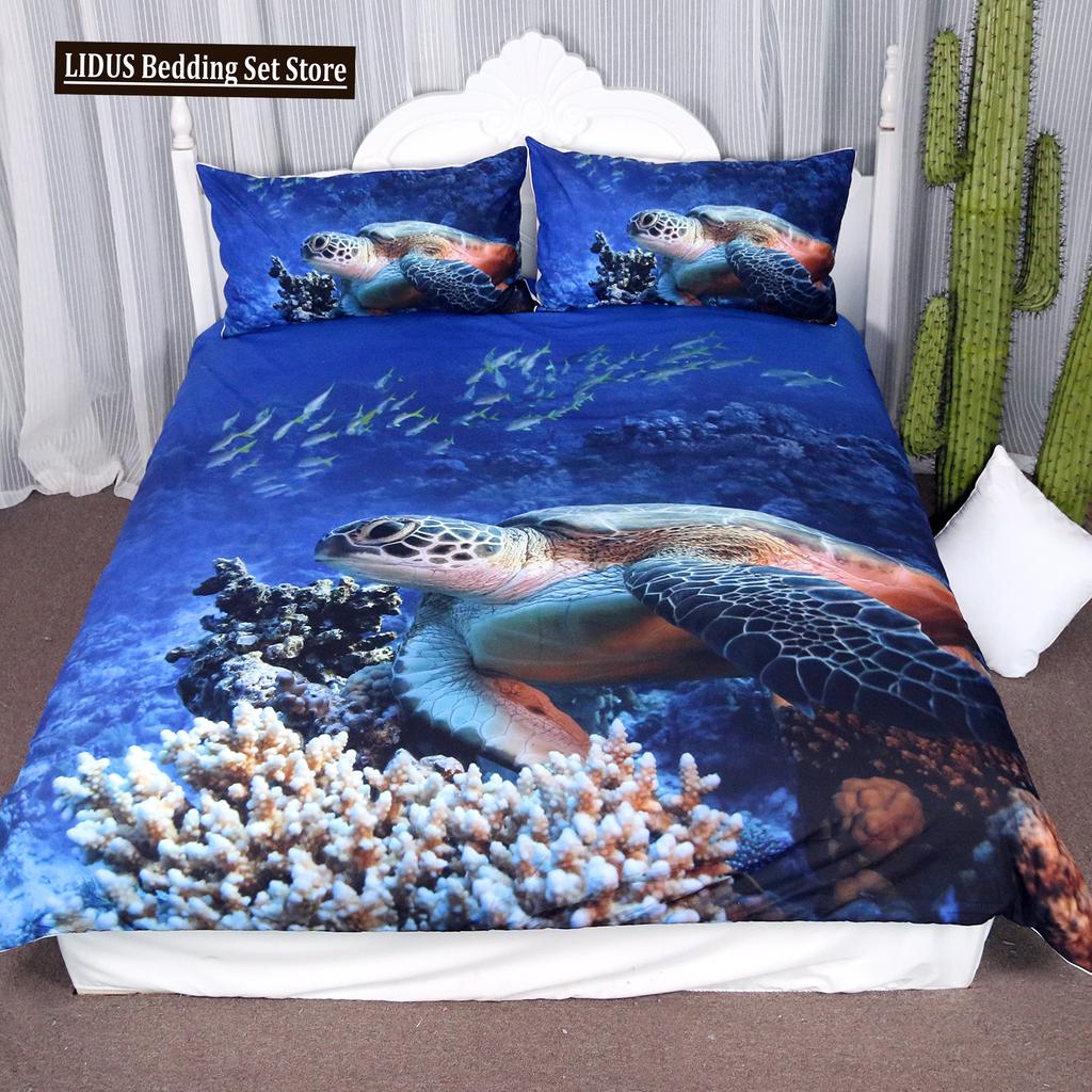 Fisch Bettbezug Set Ozean Bettwäsche Sets 3D Gedruckte Unterwasserwelt Mit Hai Delfin Korallenriff Muster Bettdeckenbezug Set 2/3tlg