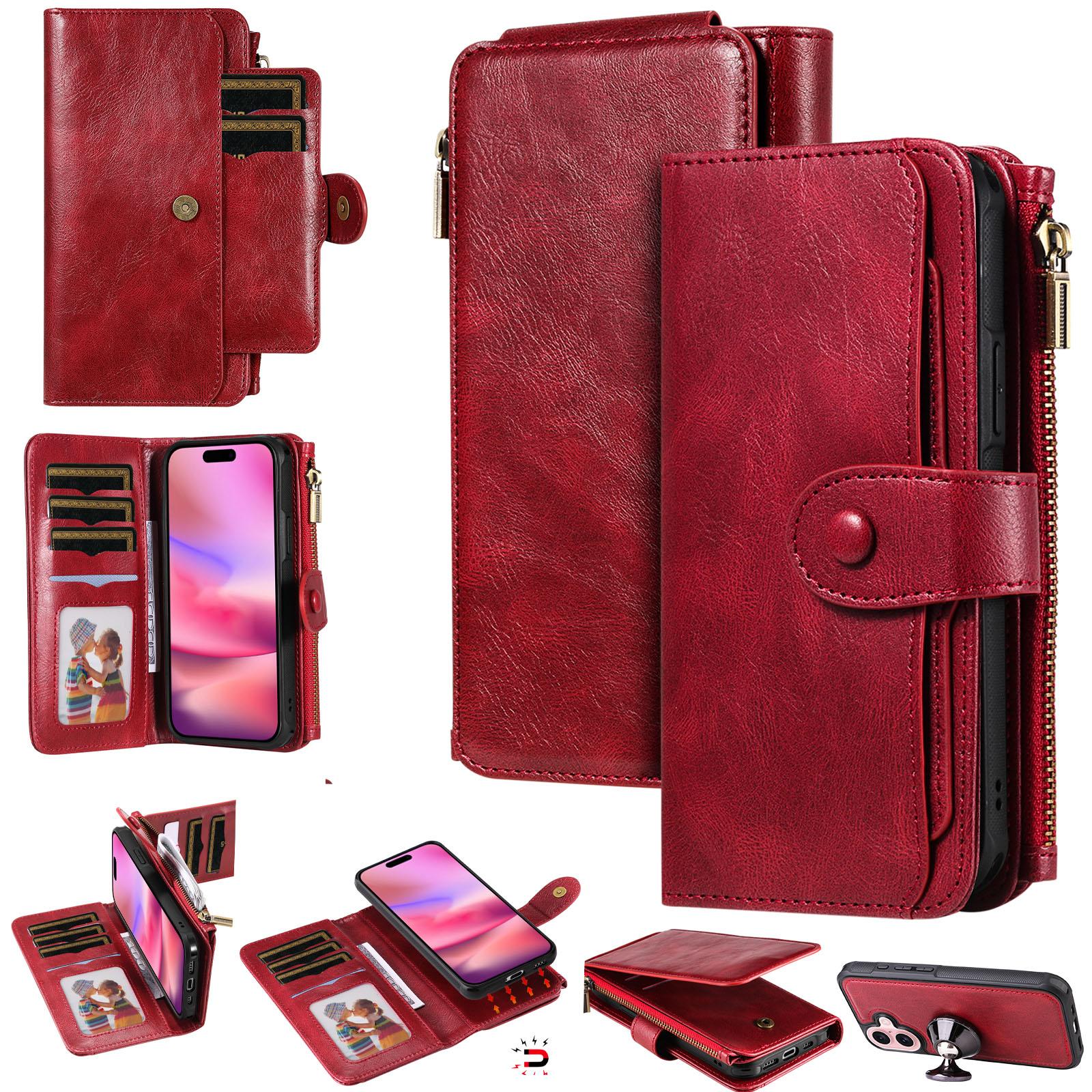 

For iPhone 16 Magnetic Case Detachable PU Leather Zipper Wallet Cover Red
