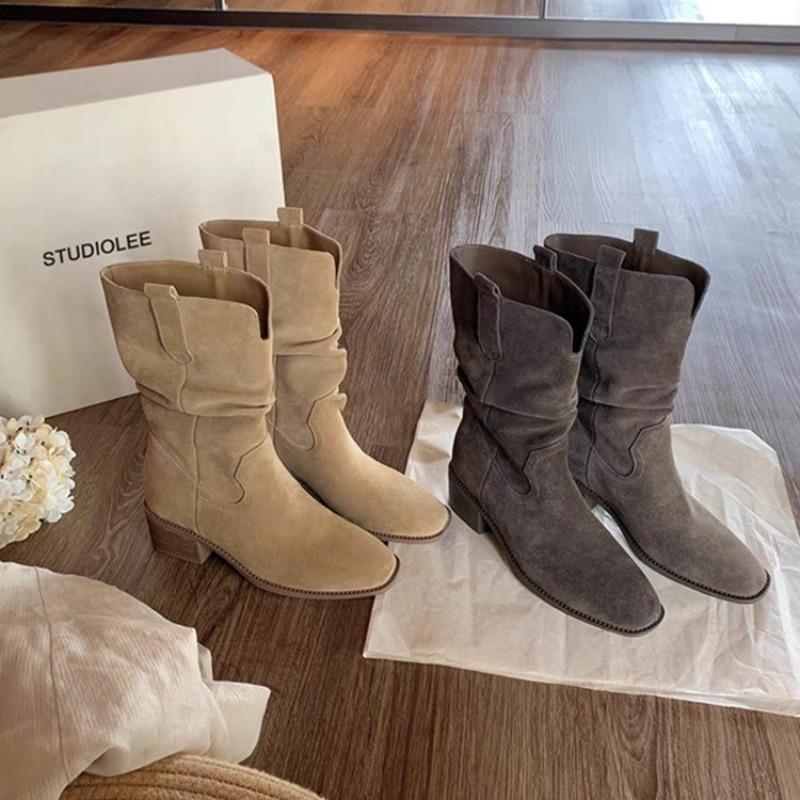 Retro Womens Boots Classic Western Cowboy Boots Fashion Pointe Mid-Calf Booties Quality Suede Casual Boots for Women Botas Mujer