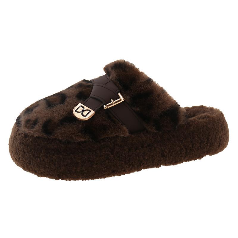 Autumn and winter new leopard print hair slippers women's winter warm thick bottom bag head hair slippers home wear cotton drag women