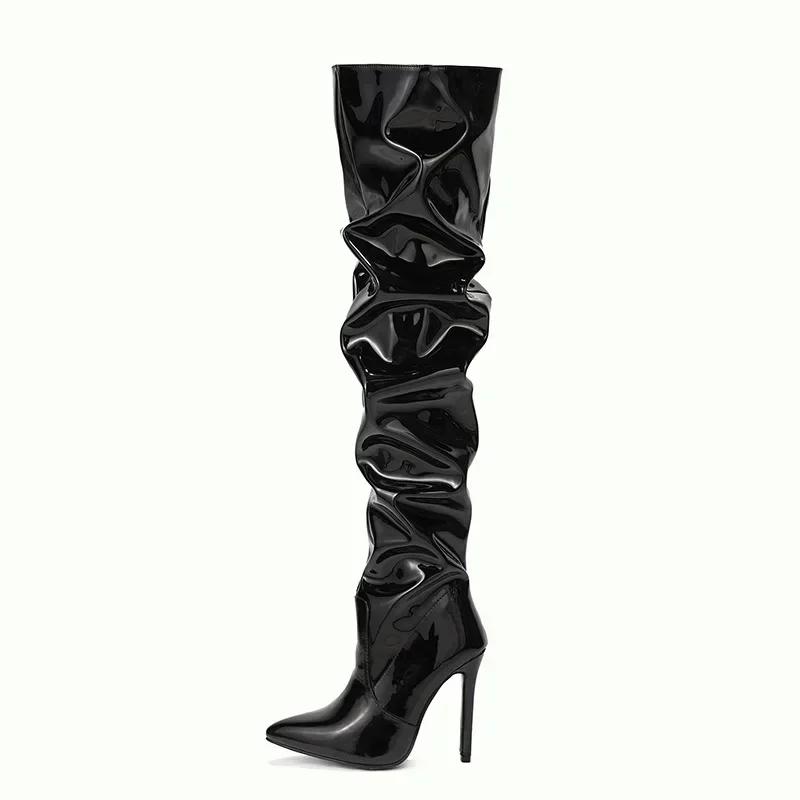 Over-the-knee Boots Women Fashion Pointed Toe Black Side Zipper Thin High Heels Female Shiny Pleated High Heel  2025