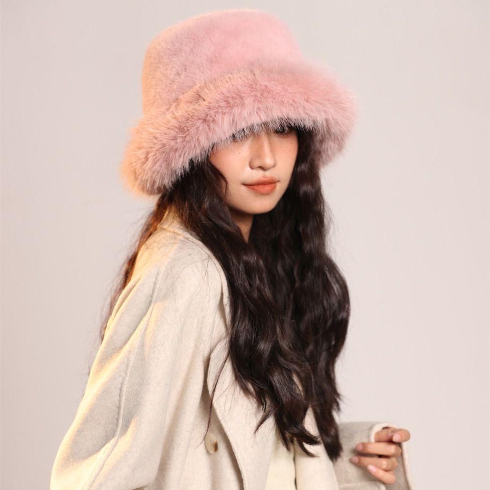 Warm Artificial Fur Hat Imitation Fur Winter Cap Elegant Plush Bucket Hat Streetwear