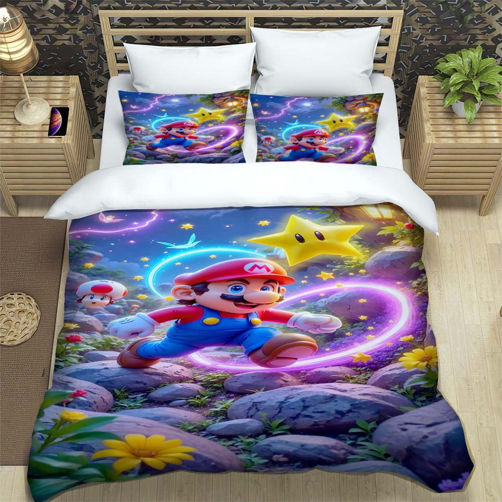 Star-patterned three-piece bedding set (Super Mario game) - includes one duvet cover and two pillowcases221