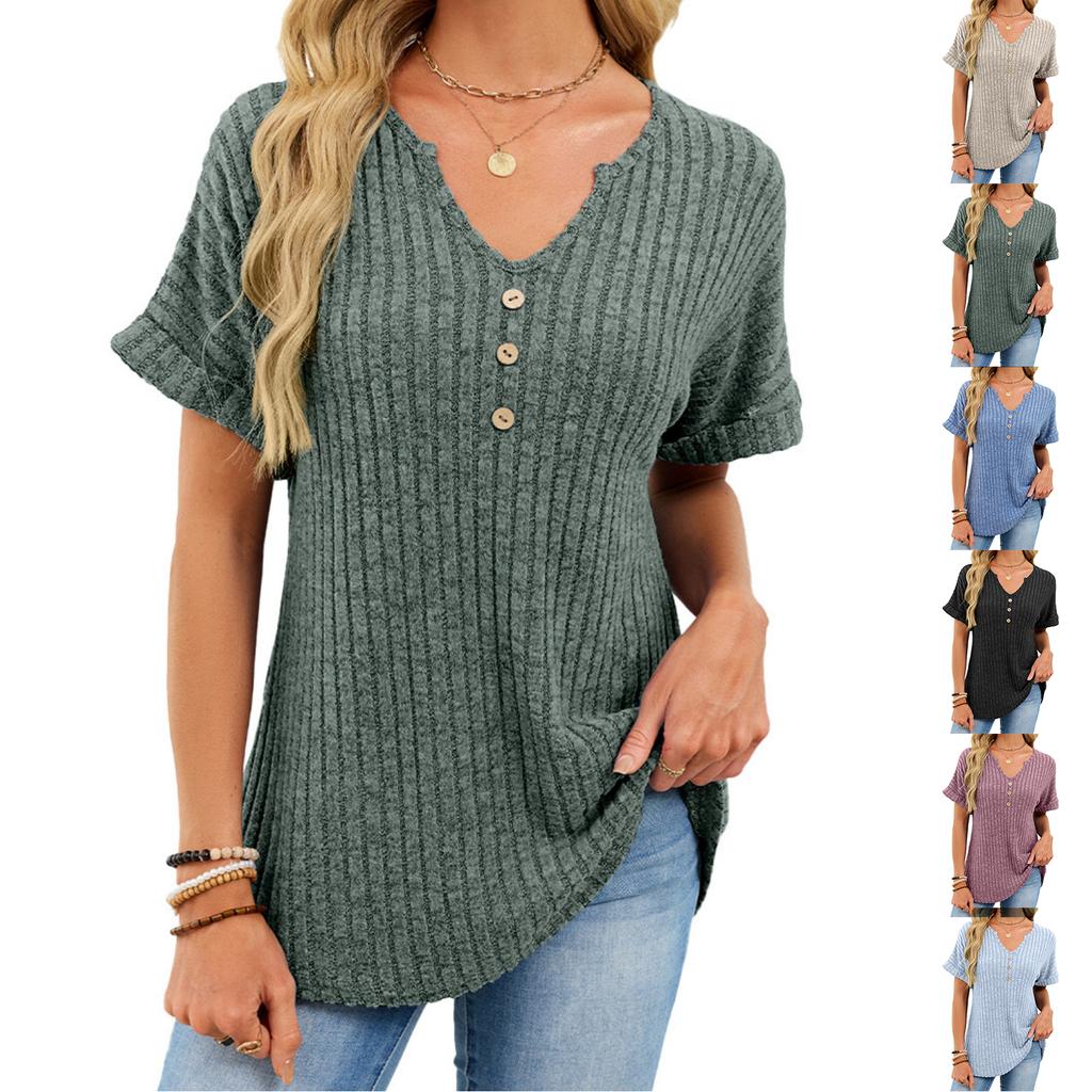 Women's Color V-Neck Short Sleeve T-Shirt with Buttons, Loose Fit Ribbed Knit Top, Casual Spring Summer Tee
