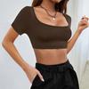 Summer Sports Casual Women's Cut-off Style Knitted High Elastic Short-sleeved T-shirt Tops