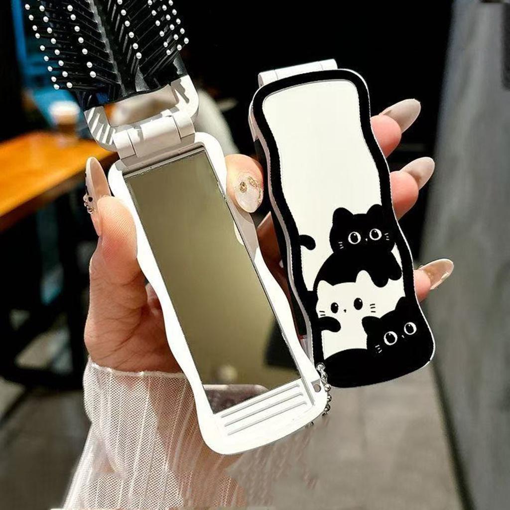 2 In 1 Creative Simple Foldable Cartoon Comb Portable Student Mini Cute Bangs Small Comb Soft Tooth Comb with Mirror
