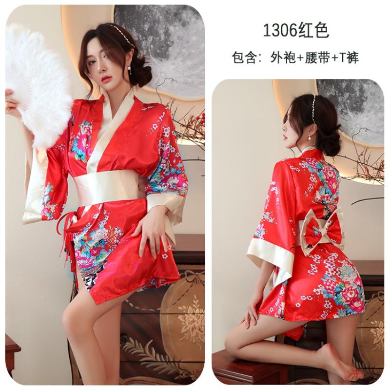 

Long night sexy lingerie sexy print kimono uniform Japanese open placket low neck perspective seduction bathrobe One size fits all( 40-60kg ) червоний