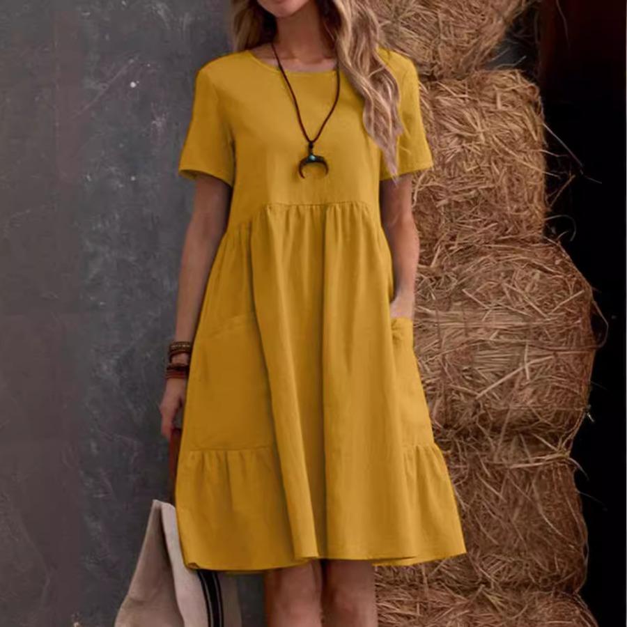 Abito Midi Estivo Casual da Spiaggia da Donna Cotone Lino Manica Corta Abiti Fluenti con Tasche