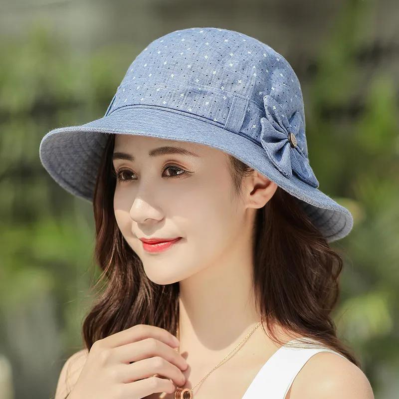 WTEMPO Solid Color Dot Printed Fabric Sun Hats Women Spring Summer Wide Brim Outdoor Breathable Foldable Sunscreen Bucket  Hats with Wind-proof Rope