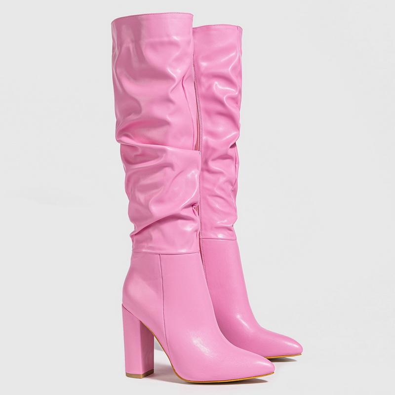 

Pointed Toe Thick Heel Women Boots Pleated Side Zipper High Heel Long Boots Knee High Boots for Office Nightclub Evening Party 35 розовый
