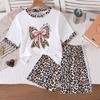 Girls' Fashion Set - Summer Children's Casual Bowknot Leopard Print Short-Sleeved Shorts Set