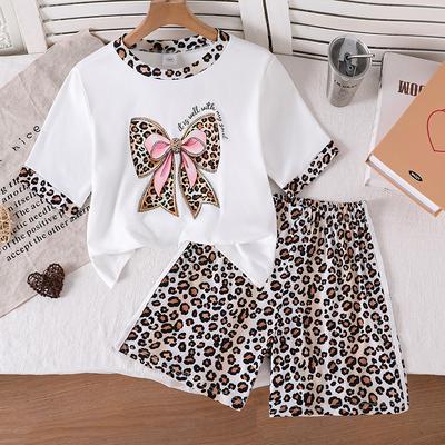 Girls' Fashion Set - Summer Children's Casual Bowknot Leopard Print Short-Sleeved Shorts Set
