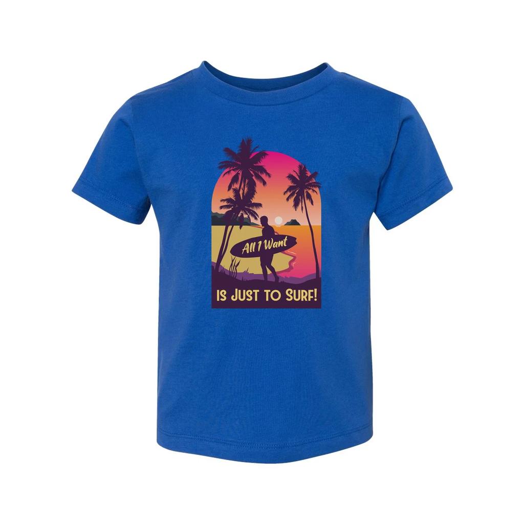 Unisex Surfing T Shirt With Sunset Surfer And Palm Trees Text All I Want Is Just