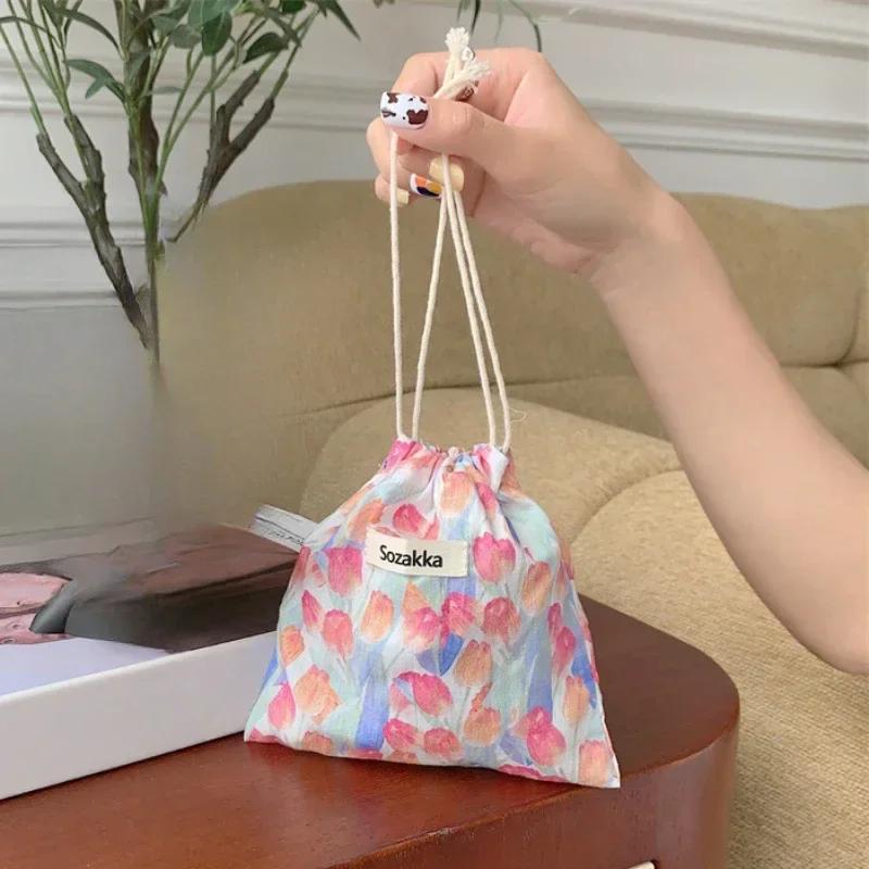 Floral Print Drawstring Coin Purse for Children Girls Makeup Bag Travel Organizer Keys Earphone Bag Makeup Pouch Cute Mini Purse