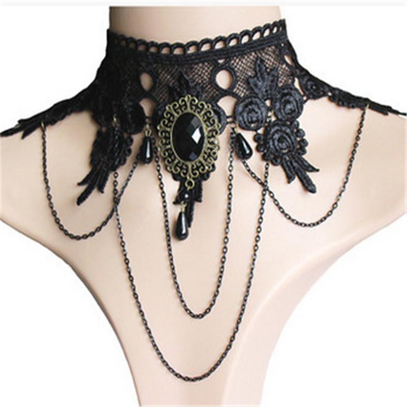 Collana Girocollo In Pizzo Con Ciondolo Vintage Cristallo - Accessorio Gotico Punk Per Donna