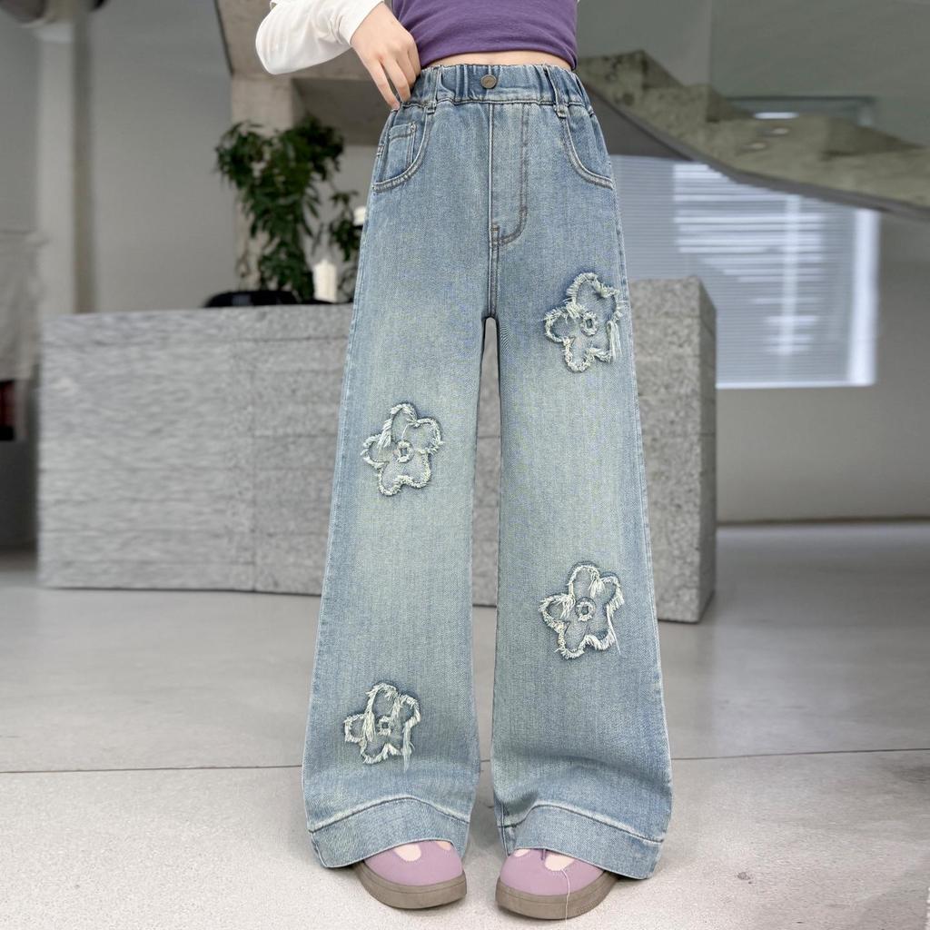 Girls' Embroidered Wide-Leg Denim Pants - Spring & Fall 2026 Junior High Style