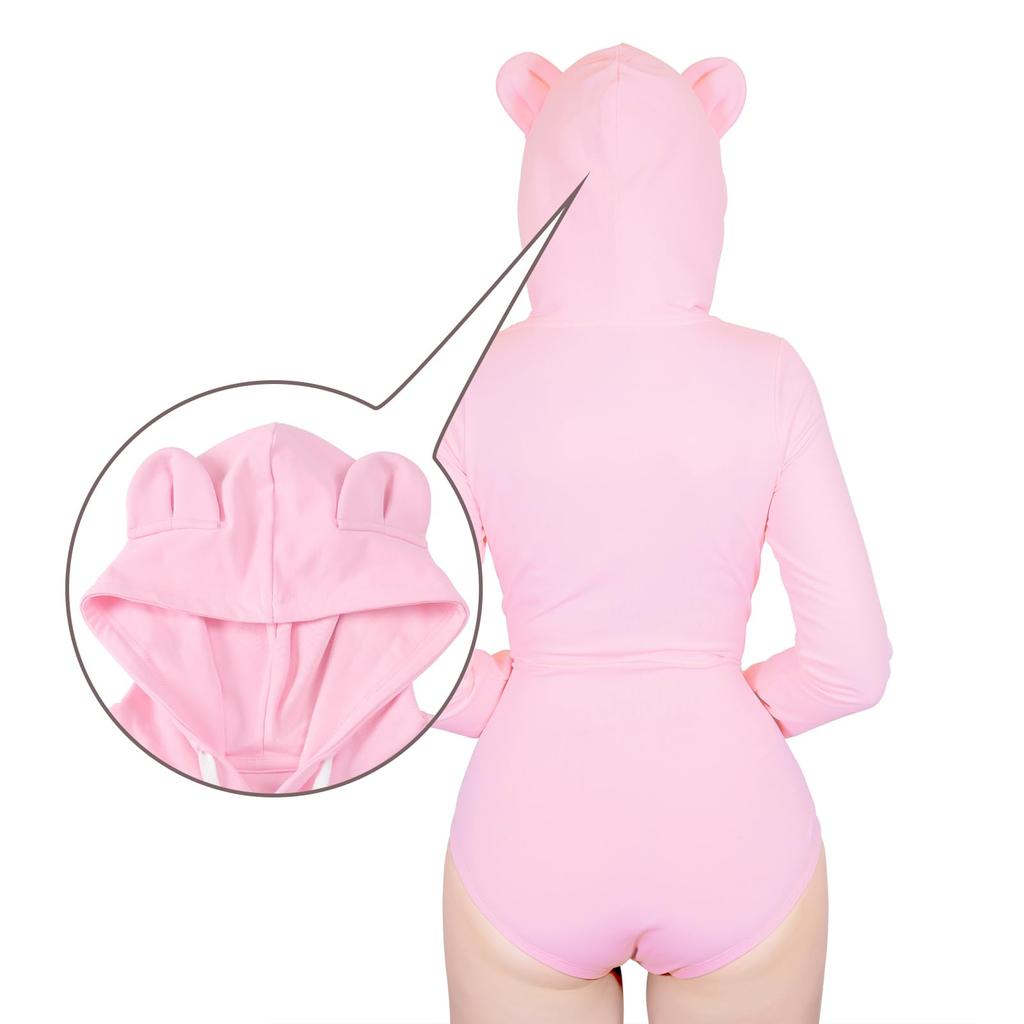 LittleForBig Cute Cotton Pajamas Hoodie with Fluffy Bear Long Size L Women's Design, Sleeves, Pink,
