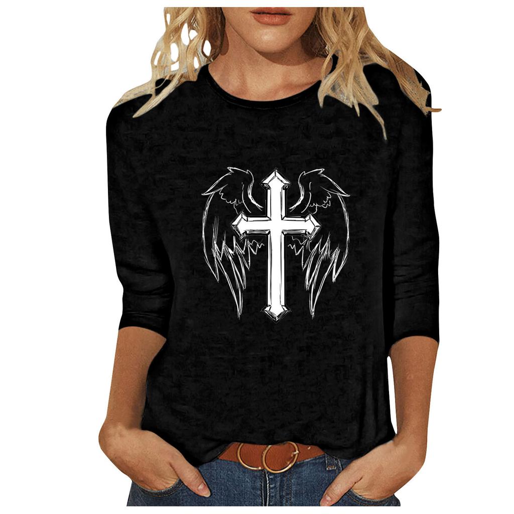 Round Neck 3D Cross Printed Top Fashionable Casual Long Sleeved Women's T-shirts