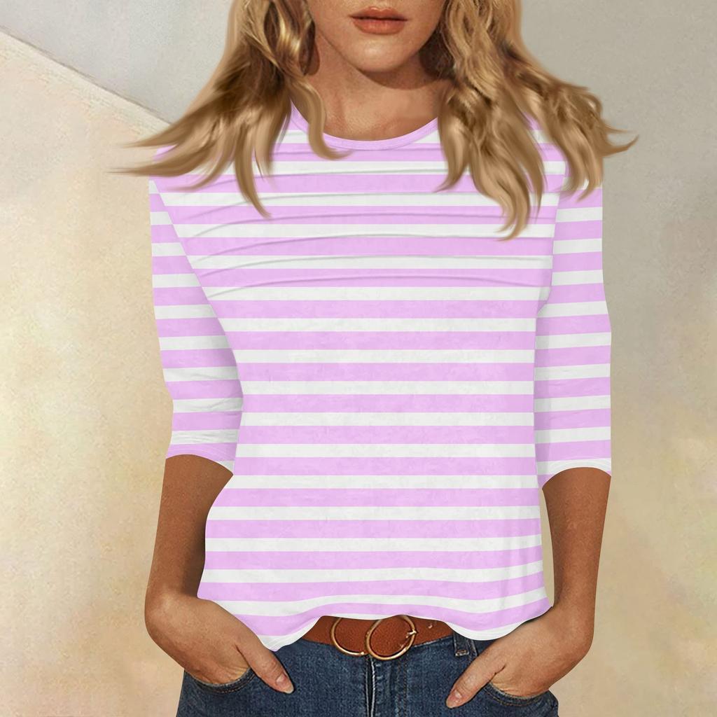Women's O-neck 3/4 Sleeve Striped Print Top