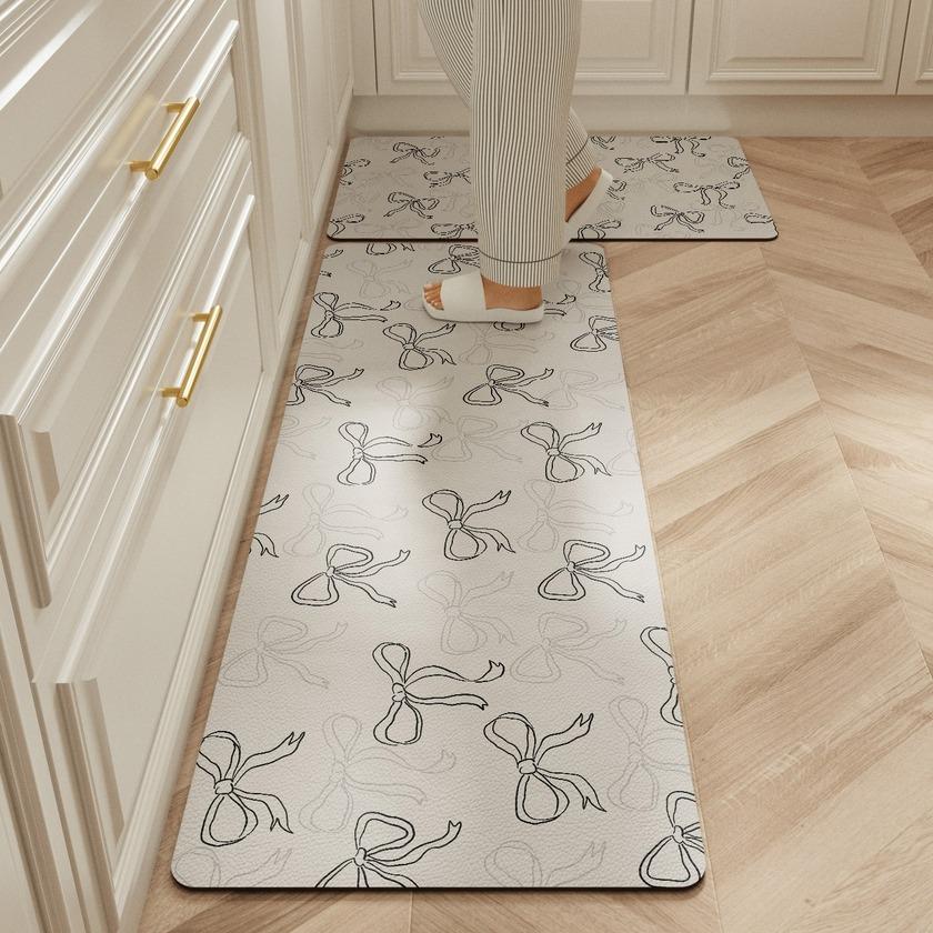 Kitchen Carpet Waterproof Long Floor Mat Pvc Leather Oil-Proof Non-Slip Foot Mats Bow Cute Girl Sweet Home Decoration Rug