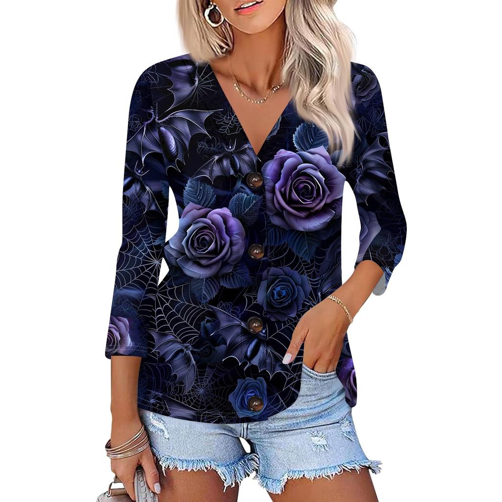 Women's Fashion Casual Print Button-down Shirt 3/4 Long Sleeve Tops