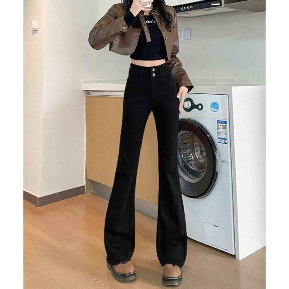 Autumn and winter new micro-pull double-button jeans women's small American retro high-waisted thin flared trousers