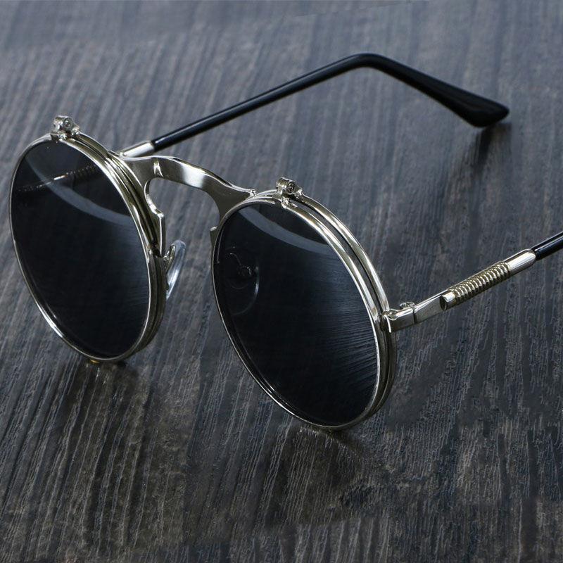 Vintage Steampunk Round Sunglasses Men Women Luxury Alloy Punk Glasses Men Fashion Metal Retro Clamshell Sun Glasses UV400