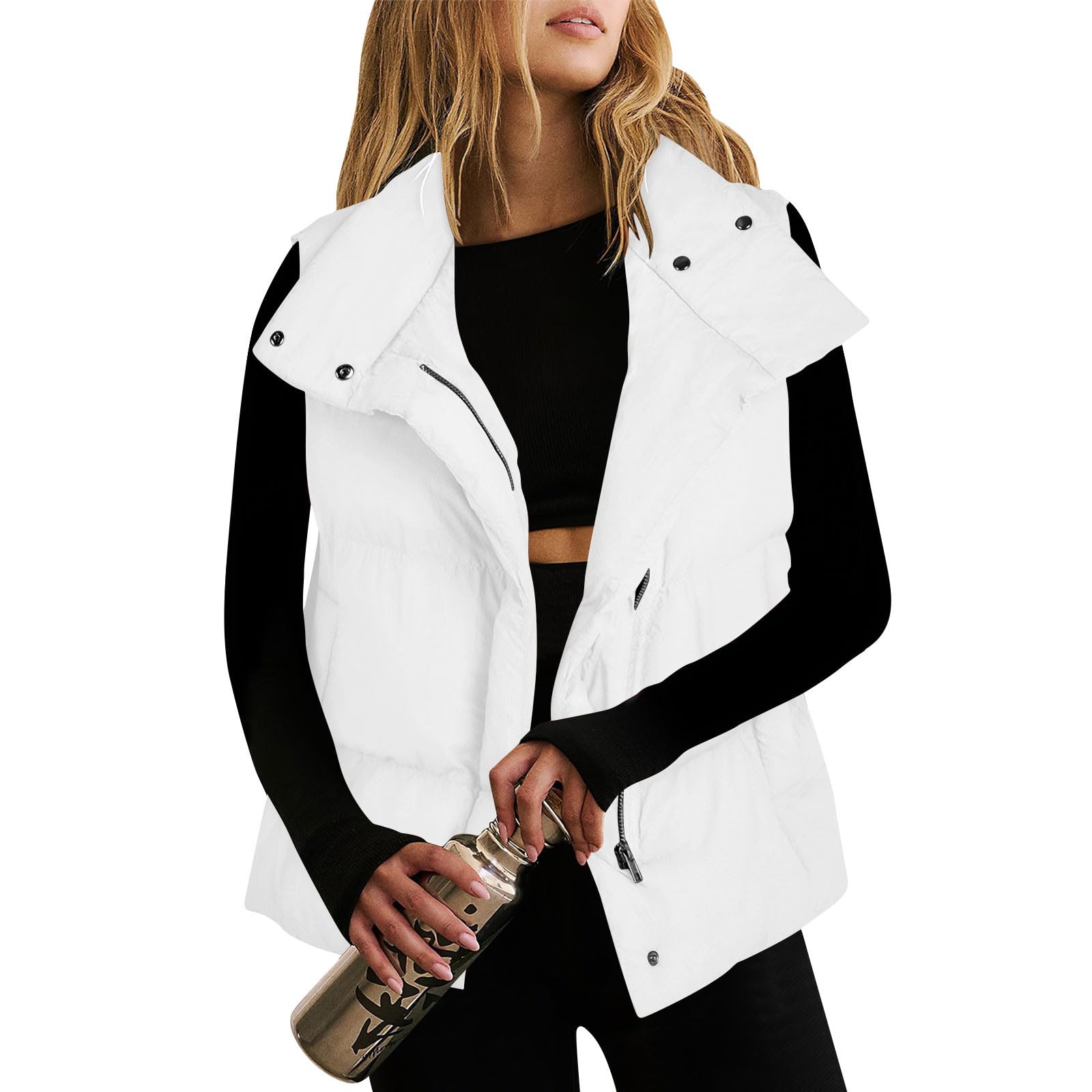

Women Lightweight Stand Collar Sleeveless Winter Warm Zip Up Padded Outerwear Jackets With Pockets XL белый