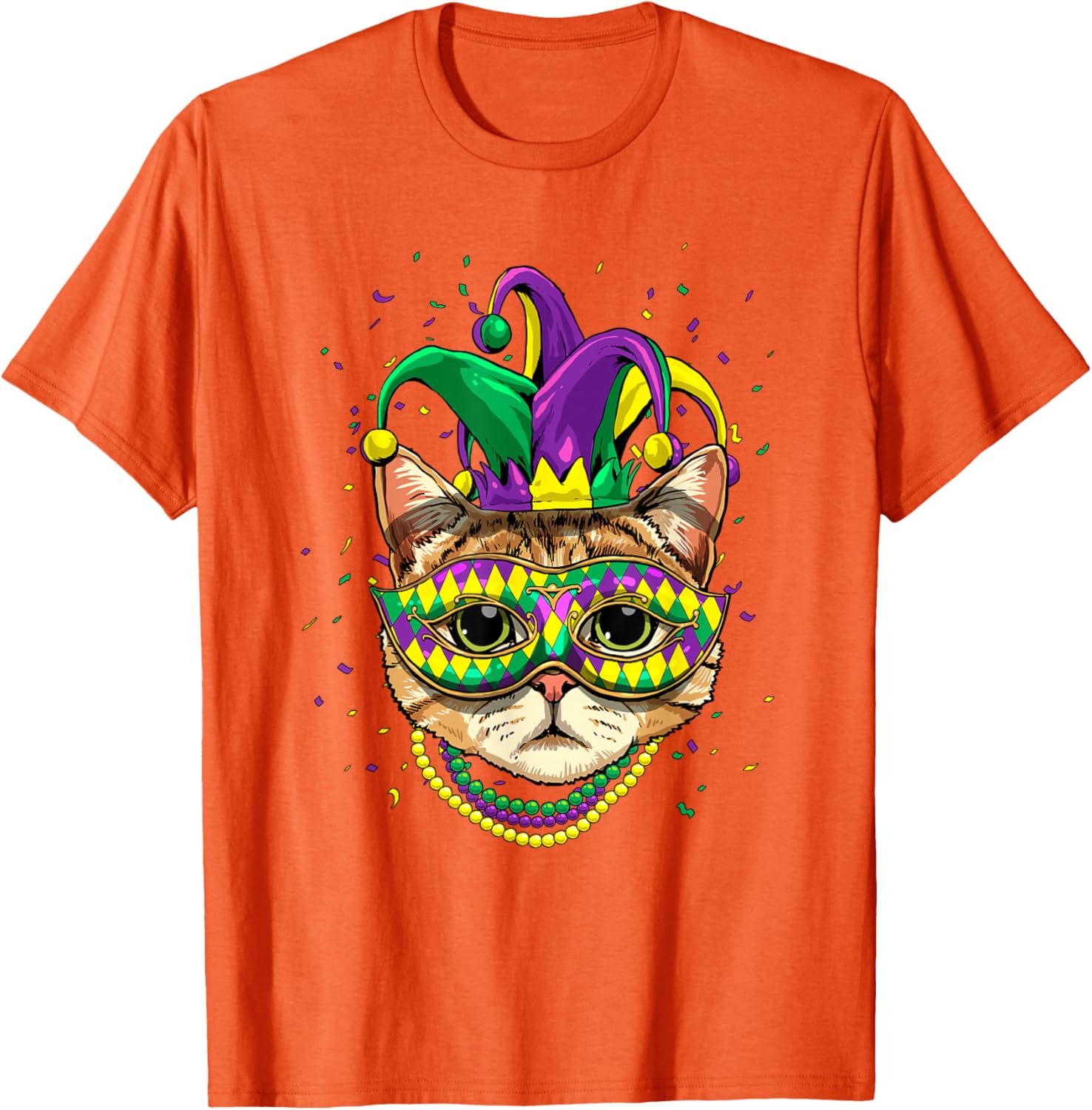 

Mardi Gras Cat Mask Beads Graphic T-Shirt Casual Cotton Round Neck Tee 4XL