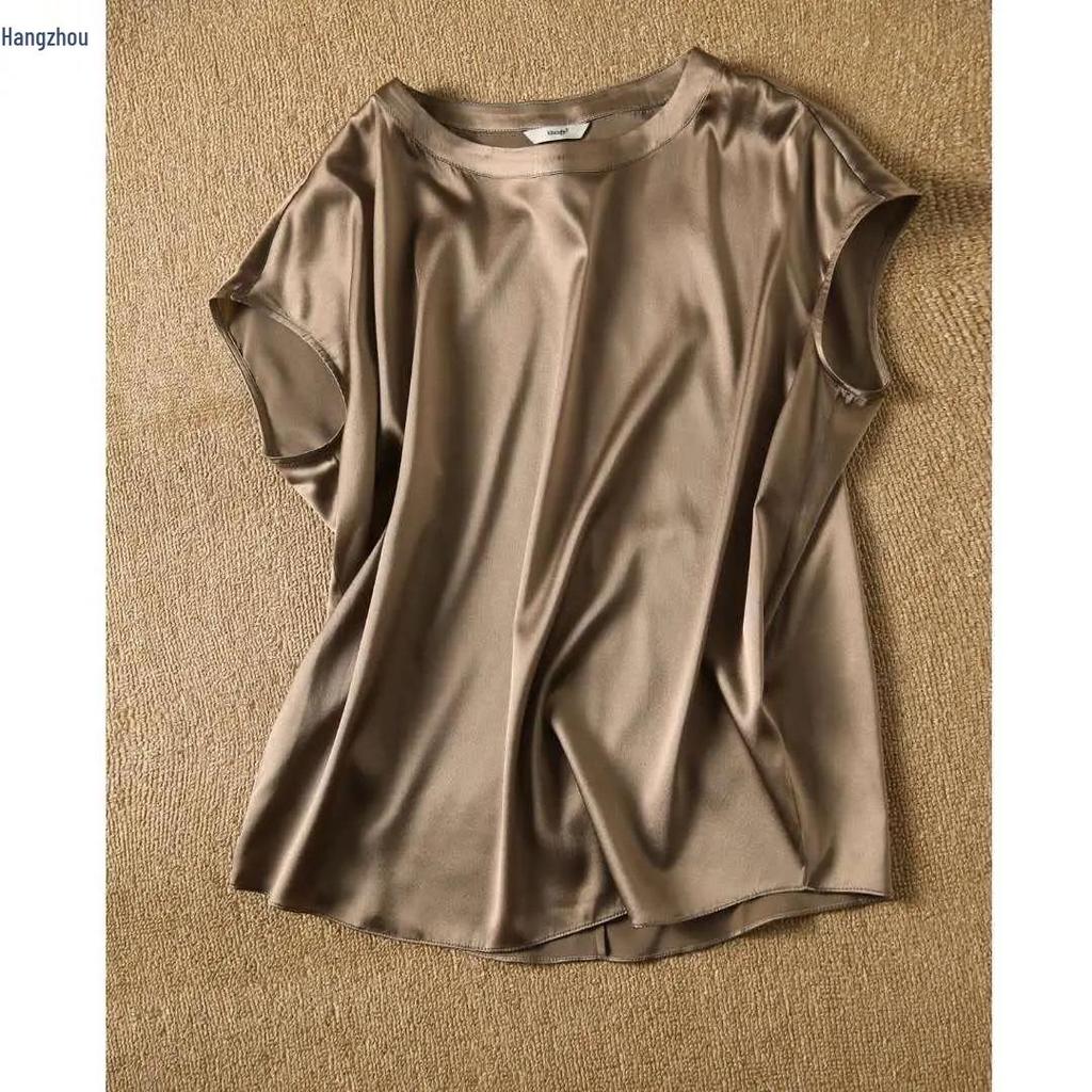 Women's Faux Satin Round Neck Top - Short Sleeve, Solid Color, Versatile, Drop Shoulder, Summer Style